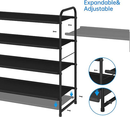 Simple Trending 4-Tier Stackable Shoe Rack, Expandable & Adjustable Fabric Shoe Shelf Storage Organizer, Black