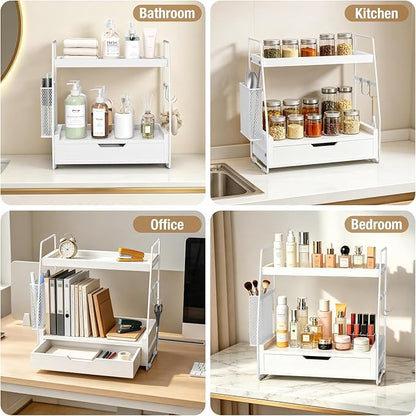 2 Tier Bathroom Counter Organizer Wood - Tiered Bathroom Countertop Shelf with Drawer, Removable Basket & 2 Hooks, Makeup Vanity Organizer for Skincare Perfume Toiletries, 13'' White