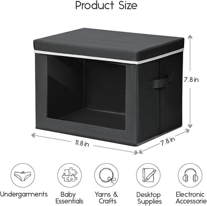 Homsorout Storage Bins with Lids - Small Fabric Organizers with Window, Collapsible Storage Bins for Clothes, Decorative Closet Organizers for Towels, Tshirt, 4 Pack, Black