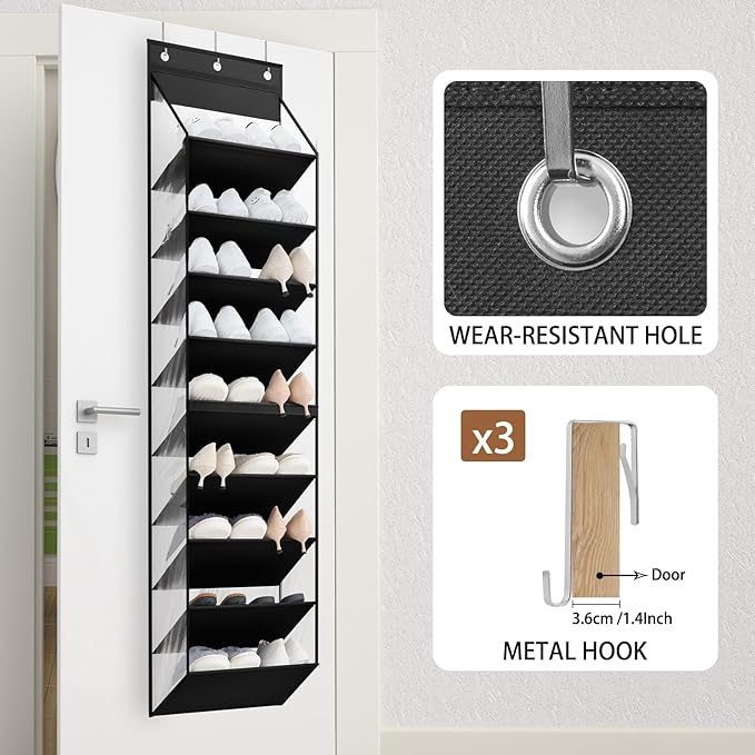 WERNNSAI Over the Door Shoe Organizer with Clear Curtain Dustproof, 9-Shelf Shoe Rack, Deep Pockets Large Hanging Shoes Rack for Closet Door Dorm Bedroom Guest Room Black