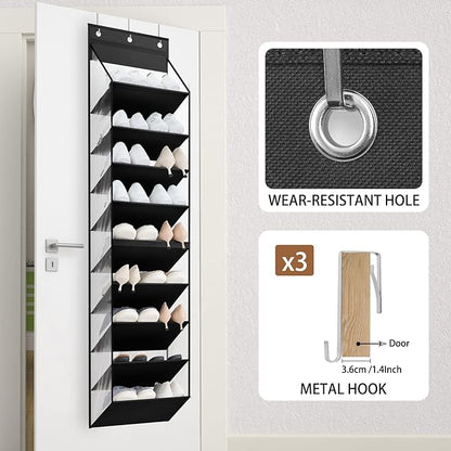 WERNNSAI Over the Door Shoe Organizer with Clear Curtain Dustproof, 9-Shelf Shoe Rack, Deep Pockets Large Hanging Shoes Rack for Closet Door Dorm Bedroom Guest Room Black