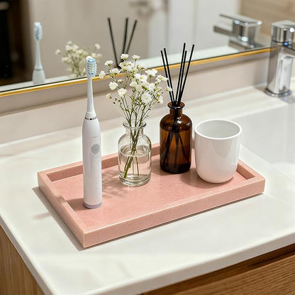 Pure Natural Marble Tray for Bathroom, Dresser, Sink. Cosmetics, toiletries, perfumes, Jewelry, Candles, etc. can be Placed (Cherry Blossom Pink, 12" x 8" x 1.2")