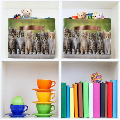 Large Storage Basket Cats Cute Kitten Storage Bin Cube Canvas Fabric Organizer Handles Collapsible for Clothes Toys Bedroom Decorative