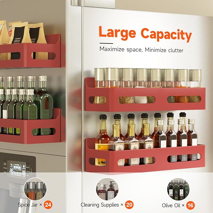 Sevenblue 4 Pack Strong Magnetic Spice Rack for Refrigerator, Multipurpose Magnetic Shelf for Fridge with 4 Hooks for kitchen and Bathroom Organization, Red