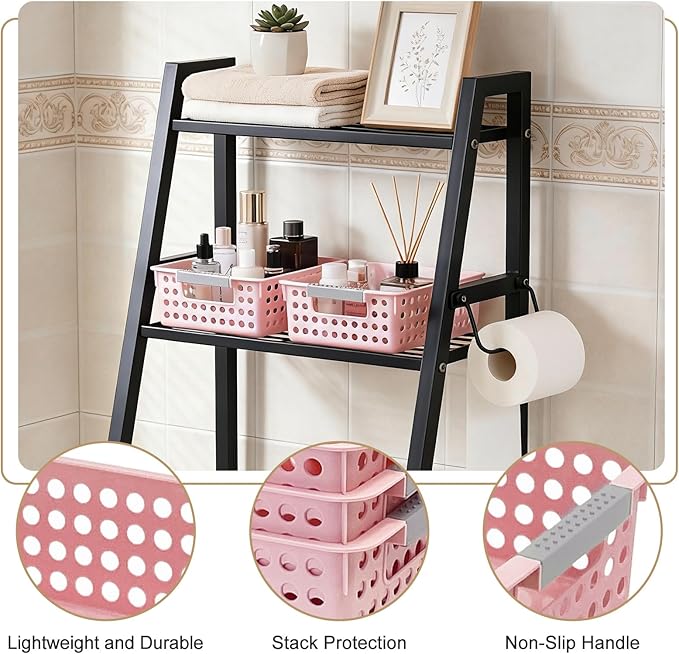 Soddeph 4 Pack Small Plastic Storage Baskets for Organizing, Stackable Bins with Handles for Shelves, Multipurpose Drawer Trays(Pink)