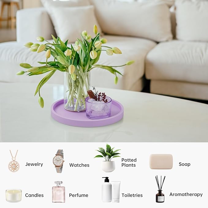 NiHome Thickened Silicone Vanity Organizer Tray for Bathroom Accessories, Kitchen Countertop, Living Room Decor, Multipurpose Shatter-Resistant Round Tray Decor for Candle,Perfume,Soap,Plant (Purple)