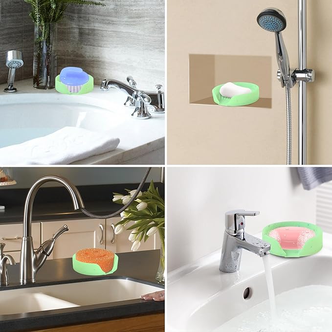 Silicone Bathroom Soap Dishes, Self Draining Waterfall Bar Soap Holder & Saver, Dish Soap Tray, Sponge Holder, 13 Non-Slip Suction Cups Dishwasher Safe for Bathroom Kitchen Shower Sink Organizer Green