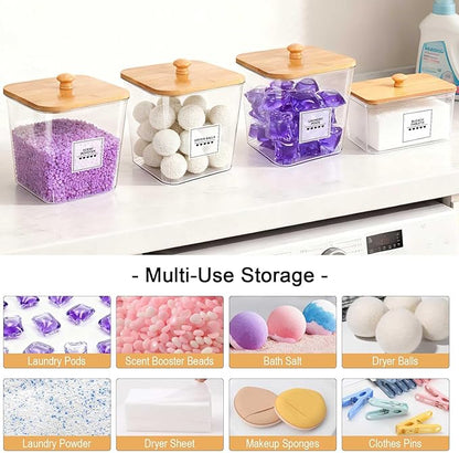 4 Pack Laundry Pods Container and Dryer Sheet Holder with Bamboo Lids, Laundry Room Organization Set with Labels and Scoops for Detergent Powder, Scent Booster Beads, 2600 +2000ml/0.53+0.7gal