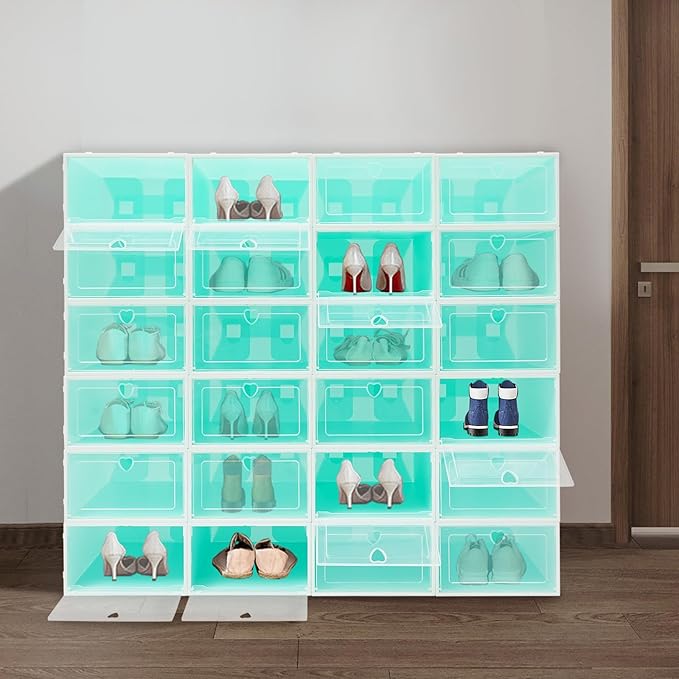 24Pcs Shoe Storage Box, Shoe Box Side Open, Clear Shoe Boxes Stackable, Plastic Stackable Shoe Storage Organizer, for Shoes, Including Sneakers, High Heels, Canvas Shoes, Boots, Etc (Green)