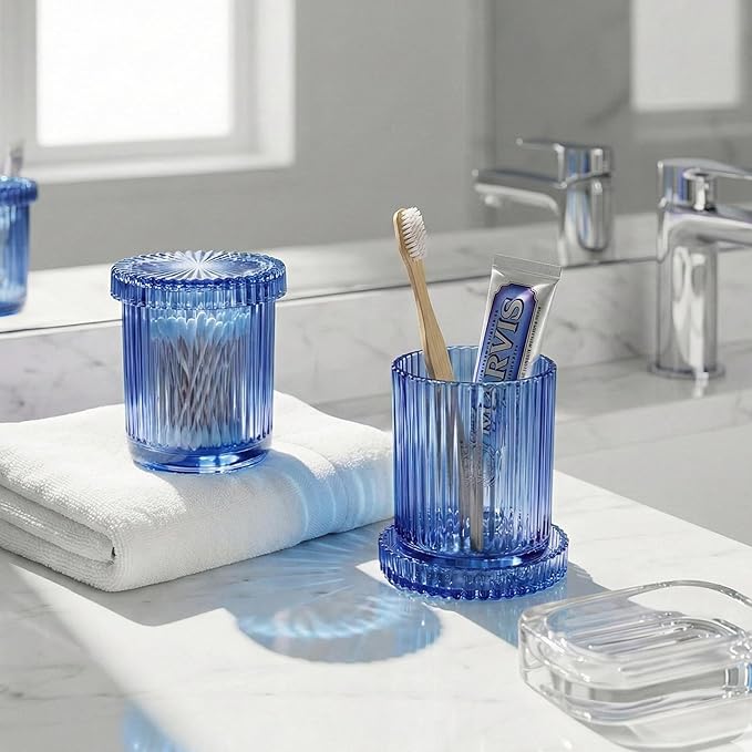 2 Pack Qtip Holder - Apothecary Jars with Lids, Bathroom Organizers and Storage Canister for Cotton Balls,Swabs,Floss Picks,Hair Ties,Clear Glass Vintage Bathroom Decor Jar Set (Blue2)