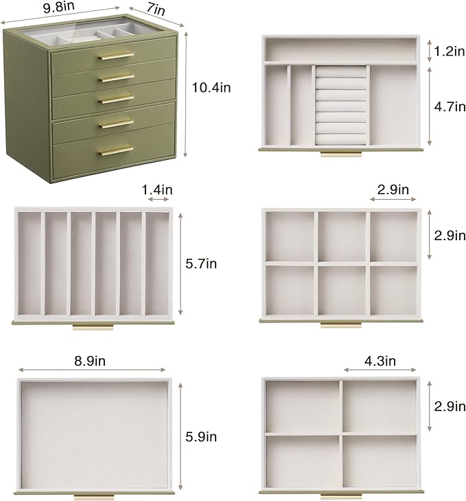 Jewelry Box Organizer Case for Women: 5-Layer Jewelry Storage Case with Glass Window, Olive Green Leather with Cream Velvet, Holder for Ring Necklace Bracelet Brooch Watch, Great Gift for Her