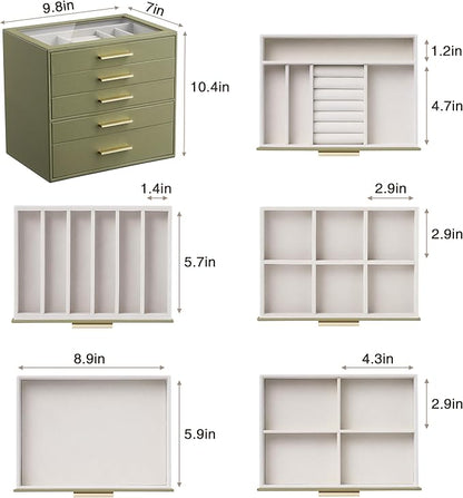 Jewelry Box Organizer Case for Women: 5-Layer Jewelry Storage Case with Glass Window, Olive Green Leather with Cream Velvet, Holder for Ring Necklace Bracelet Brooch Watch, Great Gift for Her
