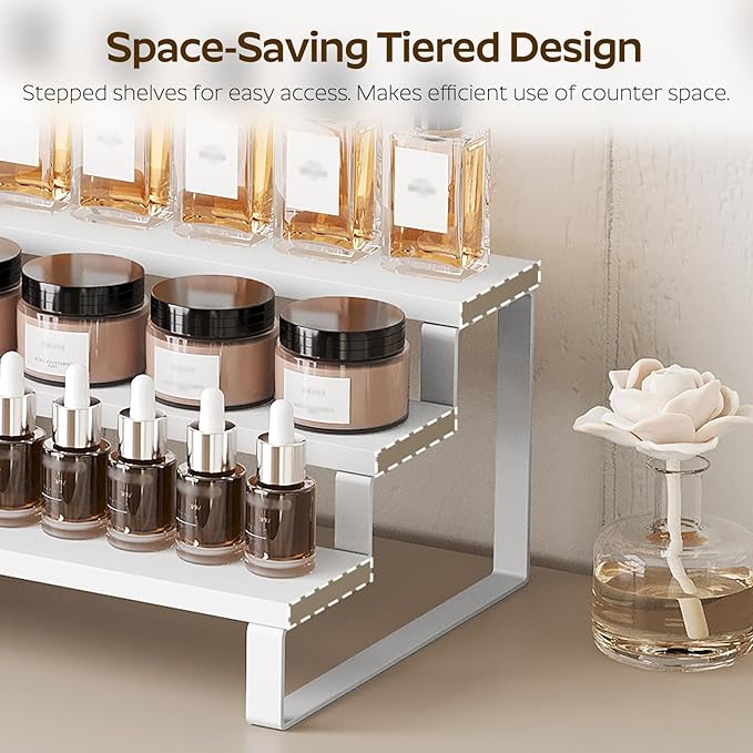 YATINEY Spice Rack, Wooden Display Riser Stand, Set of 2, Vanity Display Stand, Perfume Organizer, Tiered Countertop Organizers, Space Saving, for Kitchen Spices,Syrup, Coffee Mugs, White SR03L2WW