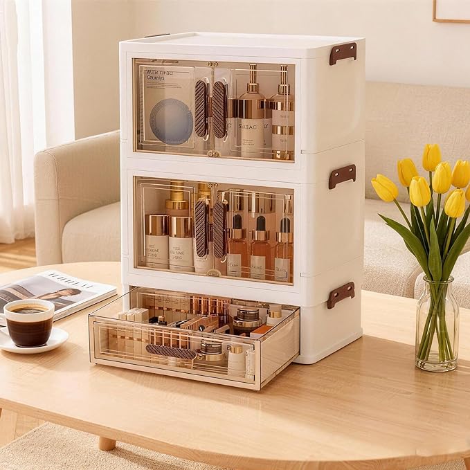Stackable desktop organizer with drawers and compartments, perfect for storing cosmetics, beauty tools, jewelry, and daily essentials in dorm rooms (1 drawers+2 layers)