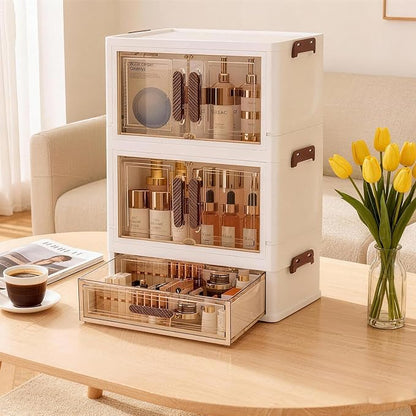 Stackable desktop organizer with drawers and compartments, perfect for storing cosmetics, beauty tools, jewelry, and daily essentials in dorm rooms (1 drawers+2 layers)
