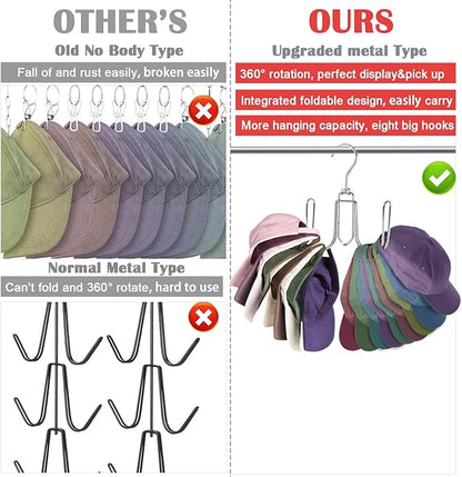 2 Pack Hat Hanger for Closet, Collapsible Metal Hat Organizer for Baseball Caps, Racks with 4 Big Hooks, 360° Rotation Space Saving Hangers, Better Organizer&Display for Tie, Scarves