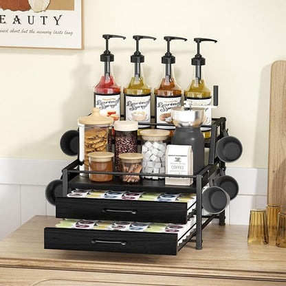 Homsorout Coffee Syrup Rack Organizer - 4-Tier 8 Syrup Wine Bottles Stand with 82 Storage Drawer for K Cups, Coffee Pod Holder for Countertop, Bar Station, Kitchen, Black