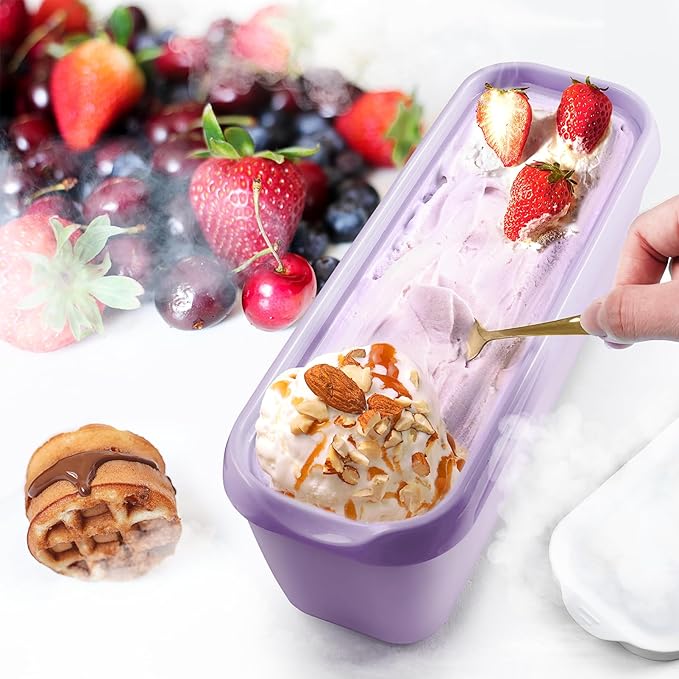 2 Pack Ice Cream Tub Containers (1.6 Quart Each), Reusable Freezer Storage Containers with Lids for Homemade Sorbet, Frozen Yogurt, or Gelato, Orange and Purple