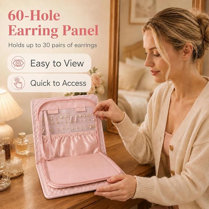 Jewelry Organizer with Hanger,Hanging Jewelry Organizer, Portable Travel Jewelry Bag,Foldable Storage for Earrings, Rings, and Watches; Can Be Hung on Wardrobes, Walls, or Doors, Pink