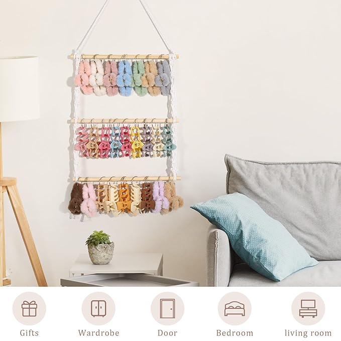 SNOWSTAR Macrame Hair Claw Clip Organizer with 30 Metal Rings,Hanging Hair Clip Holder and Storage for Women Girls,Claw Clips Hanger Home Decor for Wall,Door,Closet