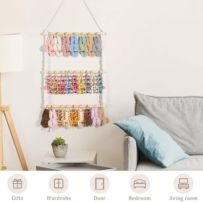 SNOWSTAR Macrame Hair Claw Clip Organizer with 30 Metal Rings,Hanging Hair Clip Holder and Storage for Women Girls,Claw Clips Hanger Home Decor for Wall,Door,Closet
