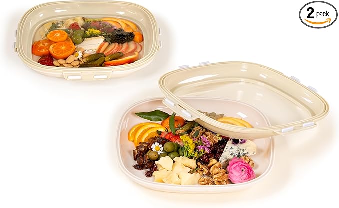 Crudités | Portable Snack Tray | Square 2-Pack | Cream White | Reversible Stretch Lid Food Containers | BPA-Free, Freezer & Dishwasher Safe | Meal-Prep, Charcuterie, Salads, Picnic, Travel