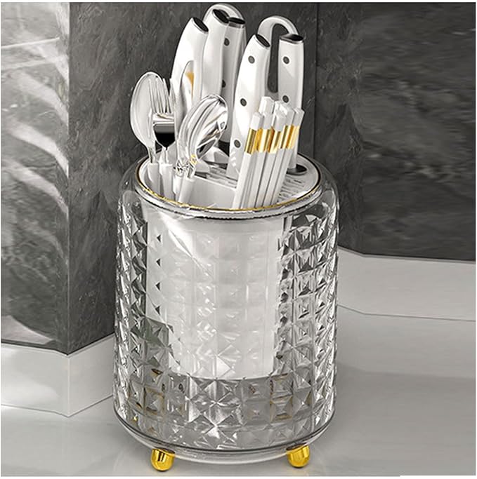 Dxcaicc Cooking Utensil Organizer for Kitchen Counter, Rotating Utensil Caddy with Removable Divider,Plastic Flatware Holder,Sink Countertop Flatware Organizer for Spoons, Forks, Knives,White