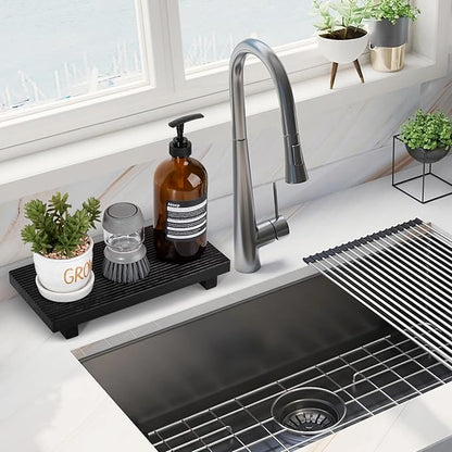 Bathroom Tray Farmhouse Decor Pedestal Stand Wood Riser Display Kitchen Accessories Soap Holder for Sink, Counter, Vanity, 11 * 5.5 Black