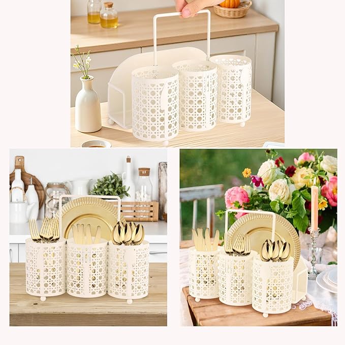 NelyBet Utensil Caddy Silverware Holder Fork Spoon Napkin Paper Plate Organizer Metal Utensil Holder Cutlery Flatware Organizers for Party Kitchen Countertop Camping Picnic - Cream Mesh