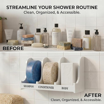 Soap Holder for Shower Wall, 3-Compartment Soap Dish for Shampoo, Conditioner and Body Soap, Fast Draining & Rust-Proof & Heavy Duty, Ultra-Strong Self Adhesive & Freestanding (White, Label)