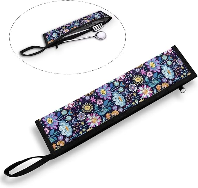 COEQINE Blue Retro Flower Large Utensil Holder Storage Case for Fork Spoon Knife Organizer Outdoor,Retro Lotus Floral Portable Travel Accessories Silverware Case for Lunch Box