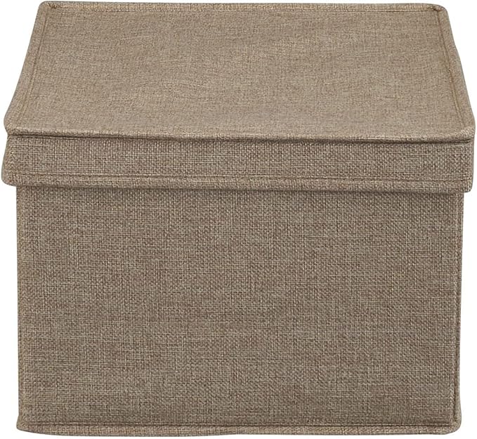Household Essentials Large Fabric Storage Bins 2 Pack, Soft Poly Linen with Sturdy Sides, Attached Handle and Fully Removable Lid, Brown