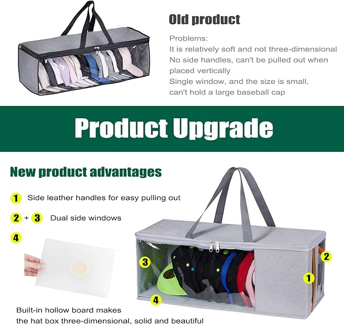 Veki Hat Organizer for Baseball Caps, Stackable Hat Storage Box, Large Capacity to Store 17 Hats, With Clear Window, Anti-Collapse, for Newsboy Cap, Baseball Cap, Hats Box Closet Storage (Grey)