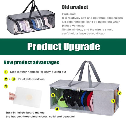 Veki Hat Organizer for Baseball Caps, Stackable Hat Storage Box, Large Capacity to Store 17 Hats, With Clear Window, Anti-Collapse, for Newsboy Cap, Baseball Cap, Hats Box Closet Storage (Grey)