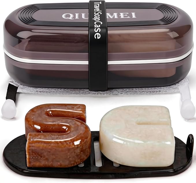 Shampoo Bar Holder Travel Case | Leakproof Soap Container with Lid & Drain Tray | Includes Silicone Strap and Soap Bag | Compatible with Kitsch Solid Shampoo and Conditioner Bars (Black, Large)