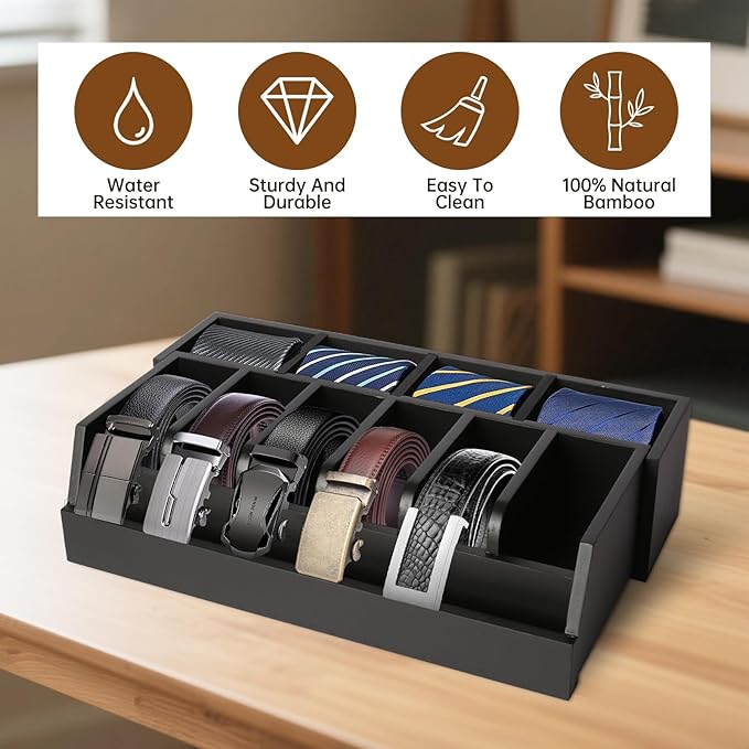 Wooden Belt Organizer, 10 Compartments Belt Organizer for Closet and Drawer, Stylish Belt Storage Display Holder for Men Women’s Belts, Ties, and Jewelry, Black