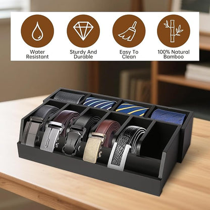 Wooden Belt Organizer, 10 Compartments Belt Organizer for Closet and Drawer, Stylish Belt Storage Display Holder for Men Women’s Belts, Ties, and Jewelry, Black