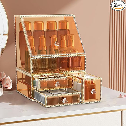 CoralHouse Makeup Organizer Countertop,Amber Makeup Organizer with Drawer, Skincare Holder for Bathroom Countertop,Cosmetic Display Case for Dresser