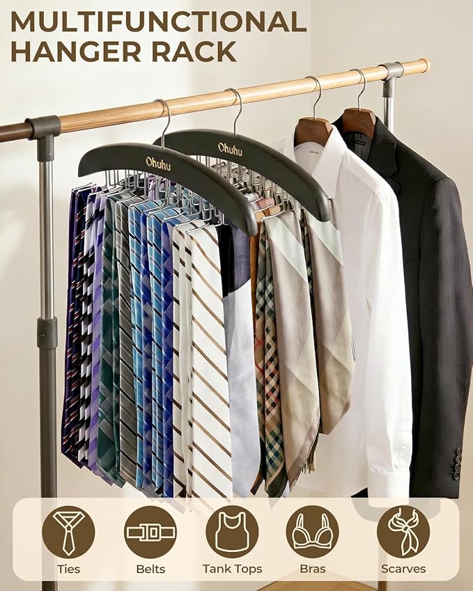 Ohuhu 24-Hook Wooden Tie Rack Organizer - Space Saving Closet Hanger with 360° Rotating Hooks, Anti-Slip Clips for Ties, Belts, Scarves - Premium Hardwood & Rustproof Steel Construction-Black