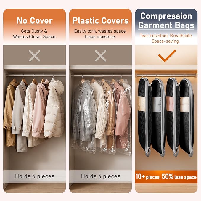 DIMJ Garment Bags for Hanging Clothes 10" Gusseted, Space Saving Compression Suit Bag Travel with Handles Window, Washable Carry Clothing Storage Cover for Dress, Coats, Jacket, Shirts,43" 2 Pack