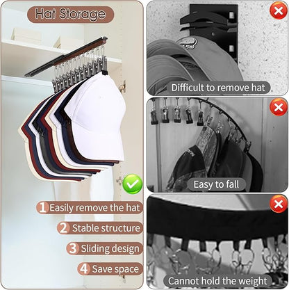 SNOWSTAR Hat Hanger for Closet, 1 Pack Sliding Hat Rack for Baseball Caps, Baseball Hat Organizer Holder with 12 Large Clips, Ball Cap Organizer Wall Space Saving Design