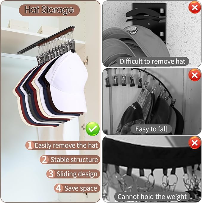 SNOWSTAR Hat Hanger for Closet, 2 Pack Sliding Hat Rack for Baseball Caps, Baseball Hat Organizer Holder with 24 Large Clips, Ball Cap Organizer Wall Space Saving Design