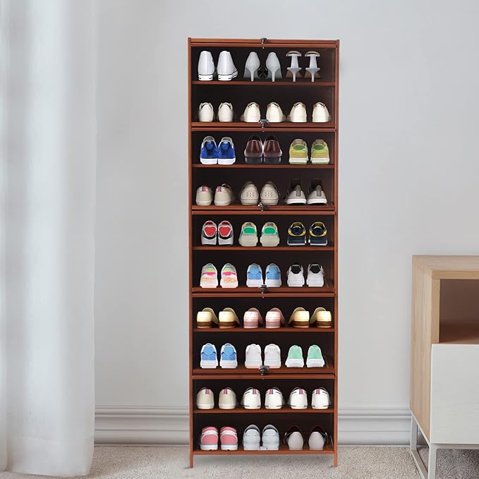 10 Tiers 20-Pair Shoe Storage Cabinet Tall Bamboo Hidden Shoe Storage Free Standing Shoe Rack with Concealed Sliding Doors for Living Room Entrance and Bedroom