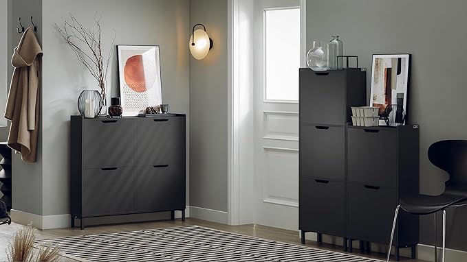 Haotian Slim Shoe Cabinet Entryway, Hidden Shoe Storage with Two Flip Drawers to Save Space, Freestanding Shoe Rack for Front Door, Entryway, Hallway (Black)