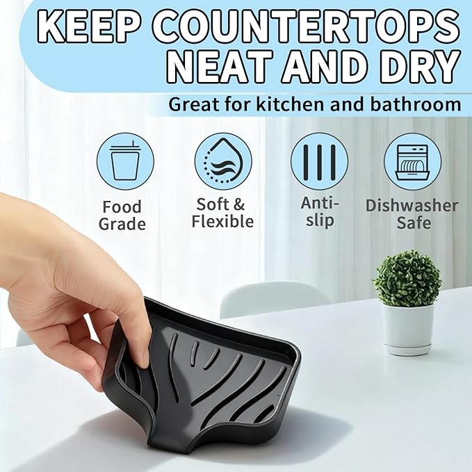 2 Pack Silicone Soap Dish with Drain, Self Draining Bar Soap Holder for Shower, Silicone Dish Soap Tray, Bathroom and Kitchen Sink Organizer, Black