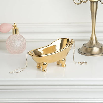 5.6" Ceramic Mini Bathtub Soap Dish Decortative Clawfoot Bathroom Soap Dish (Golden)