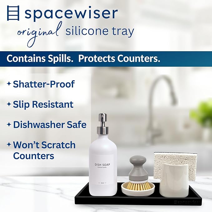 Spacewiser Countertop and Vanity Tray - 11.7" Silicone Bathroom Tray Countertop, Dish Soap Trays for Kitchen Counter, Organizer Accessories Caddy, Toilet Laundry Shower Oil Makeup Mat, Black
