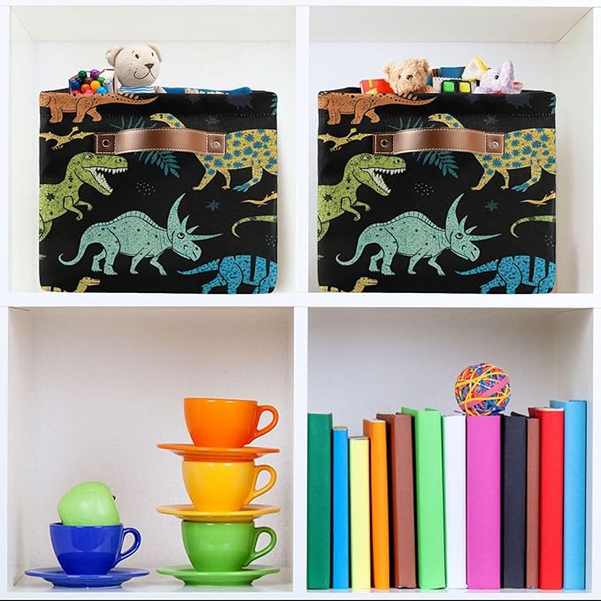 Dinosaur Pattern Storage Basket Bin, Large Cube Storage Box Canvas Collapsible Storage Organizer for Home Office Closet - 15 L x 11 W x 9.5 H