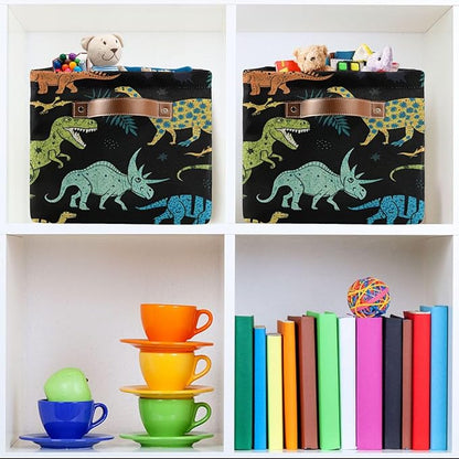 Dinosaur Pattern Storage Basket Bin, Large Cube Storage Box Canvas Collapsible Storage Organizer for Home Office Closet - 15 L x 11 W x 9.5 H