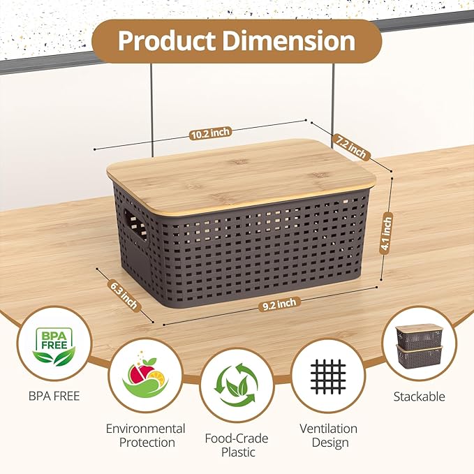 Plastic Storage Baskets with Bamboo Lids, Stackable Small Box Bins for Organizing and Containers for Shelves Drawers Desktop Closet Pantry Classroom Office Home, 6 Pack 10.2x7.2x4.1 Inch, Brown